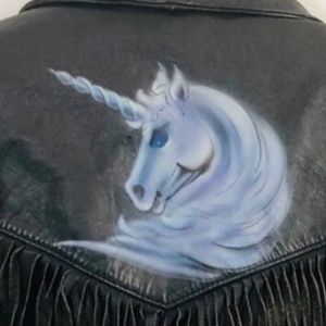 Unicorn 80’s leather jacket festival rave cyber punk hand painted coat airbrush